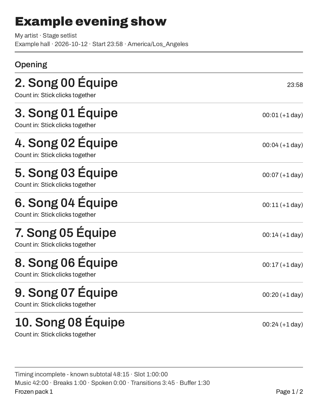 Stage setlist print from a frozen example show pack, with song cues and running time