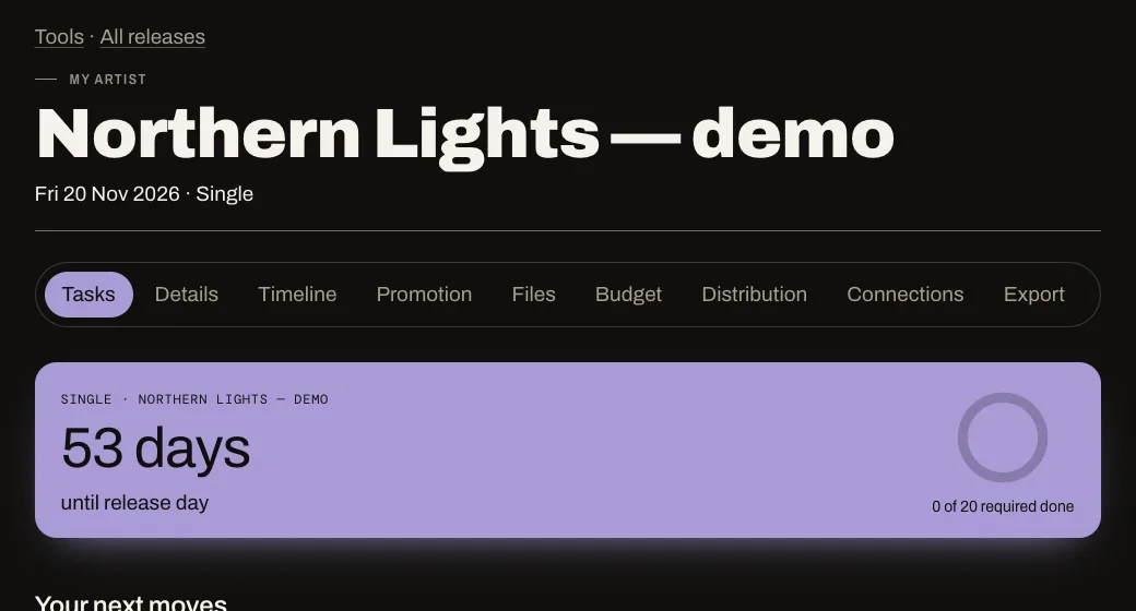 Release planner: a demo single with 53 days to release day