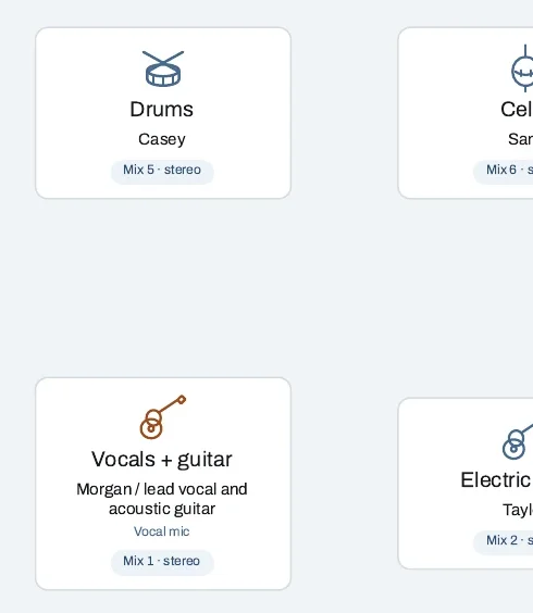 Stage plot cards for drums, cello, vocals and guitar with their monitor mixes