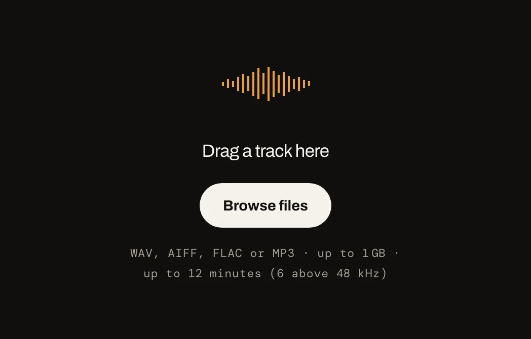 The uploader lit while a track is dragged over it: WAV, AIFF, FLAC or MP3, up to 1 GB